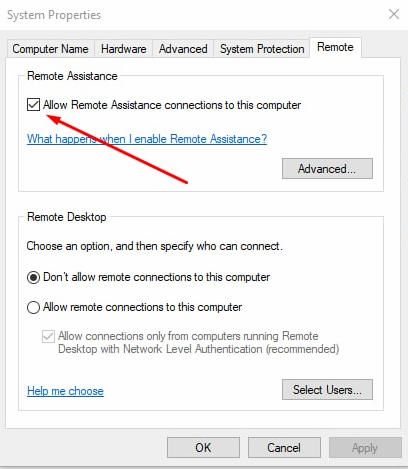 Settings you change to allow Remote Assistance in Windows 10