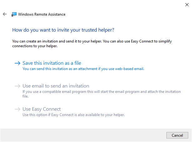 Three methods to send an invitation in Windows Remote Assistance