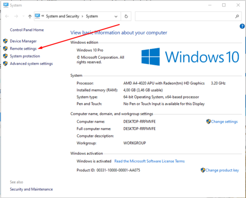 Where to find remote settings in Windows 10