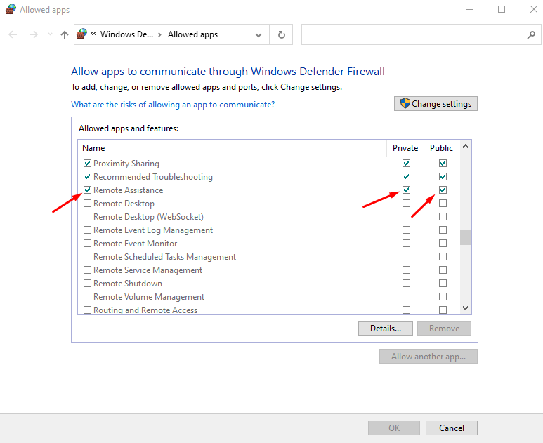 Firewall settings you change to allow Remote Assistance
