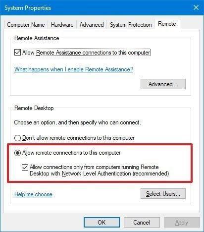 allow remote connections to this computer