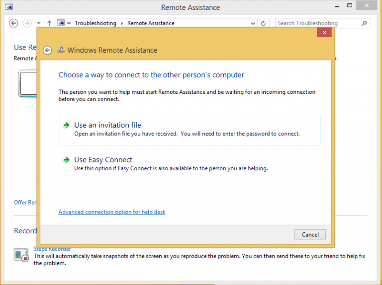 remote assistance invitation in Windows 8