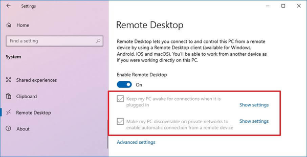opções adicionais de desktop remoto do Windows 10