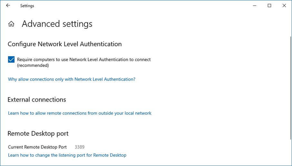 paramètres avancés de bureau à distance windows 10