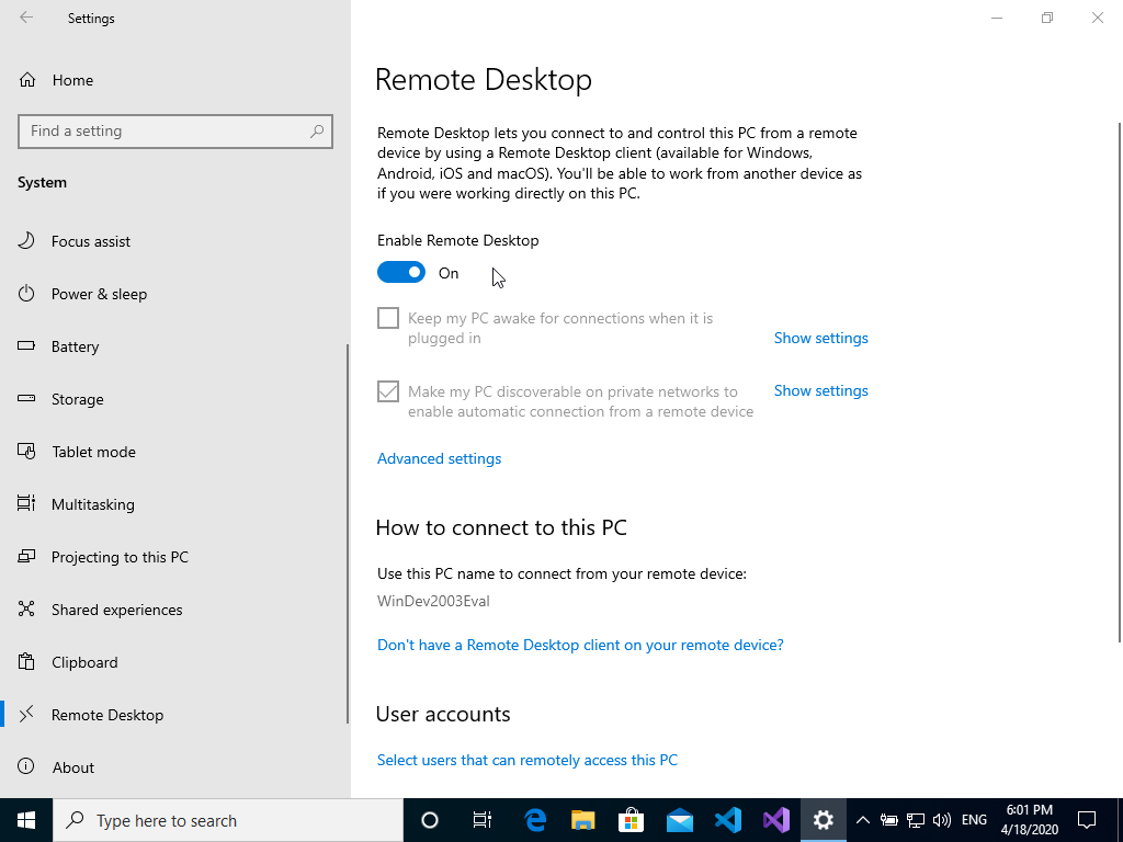 Enable Remote Desktop on Windows
