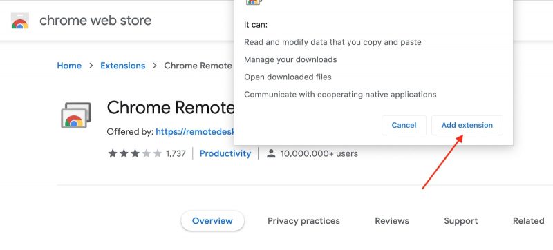 Installer l'extension Ajouter Bureau à Distance à Chrome