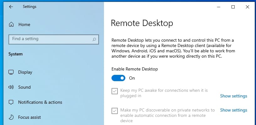enable remote desktop on Windows