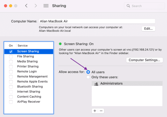 Give access for sharing on macOS