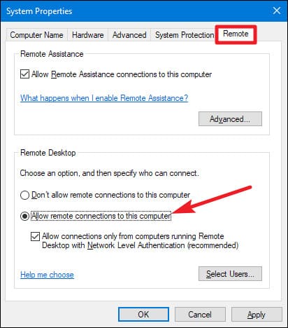 allow remote connections to this computer