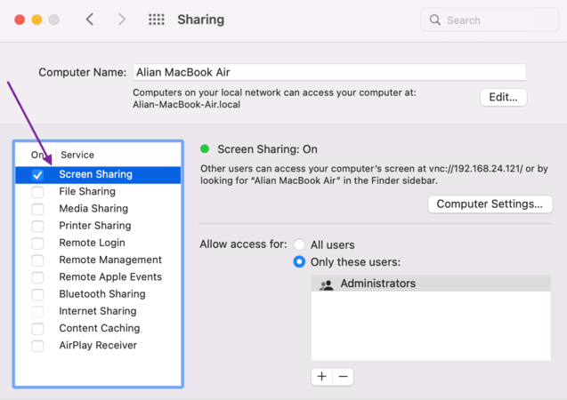 Enable screen sharing on Mac