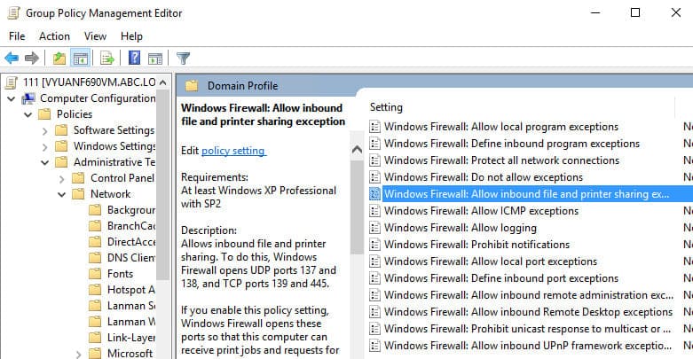 allow inbound file and printer sharing in windows firewall