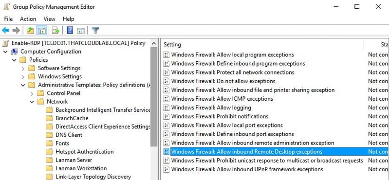 group policy windows firewall enable inbound rdp connections