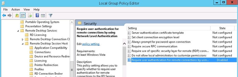 group policy enable Network Level Authentication