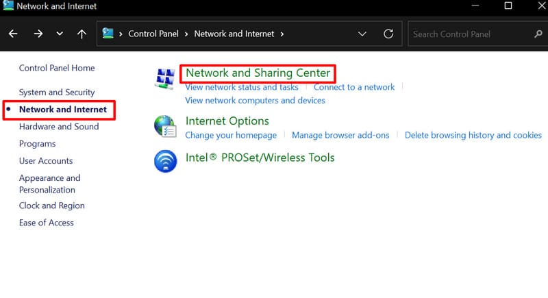 open network and sharing center