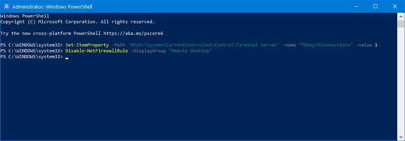 disable rdp powershell