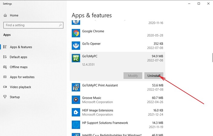 Select GoToMyPC and hit Uninstall