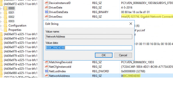 change the value of the REG_SZ parameter named NetworkAdress