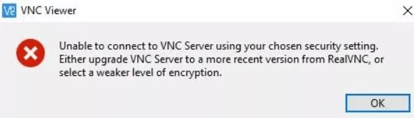 Unable to connect to VNC server using your chosen security setting