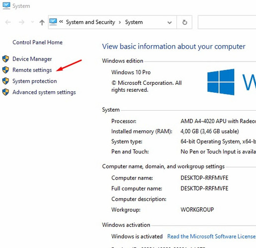 Where to find the Remote settings in Windows 10