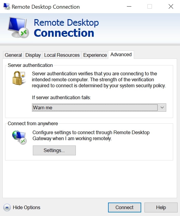 remote desktop connection advanced settings