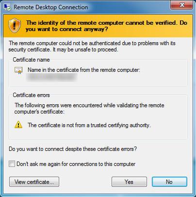 connect to a remote computer despite the certificate errors