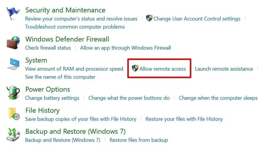 control panel allow remote access