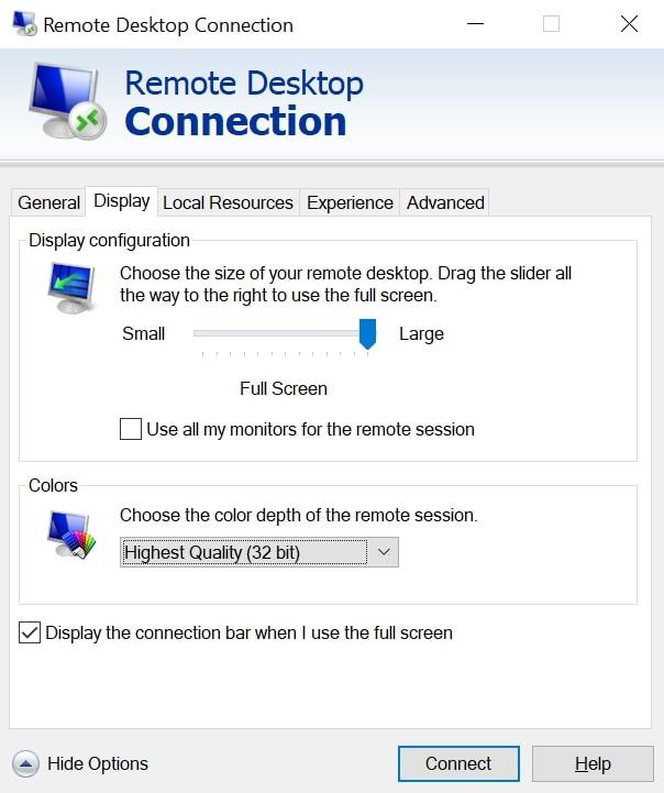 remote desktop connection display settings