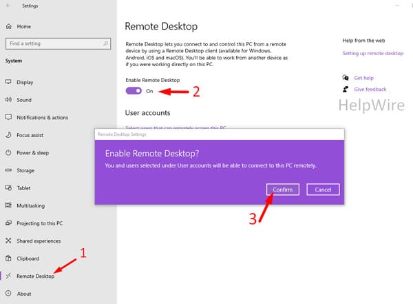 enable remote desktop in windows 10 settings