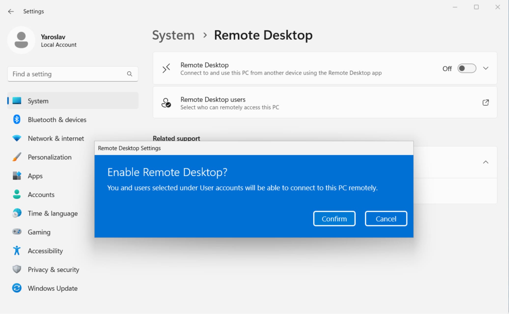 enable remote desktop confirmation windows 11