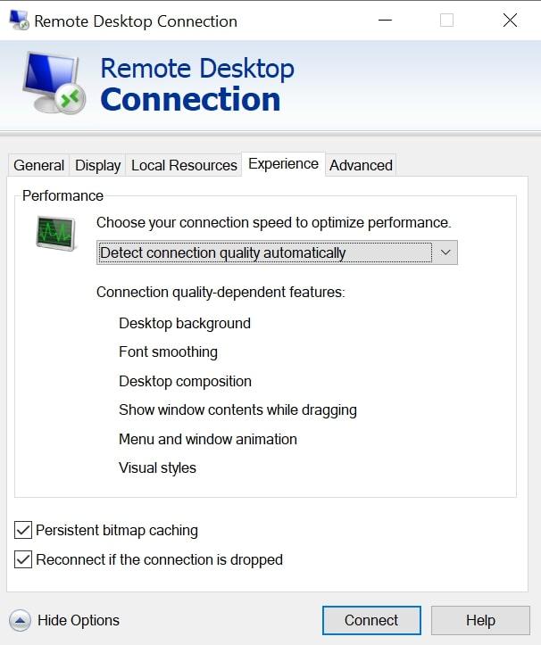 remote desktop connection experience settings