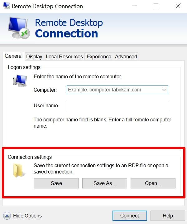 remote desktop connection general settings