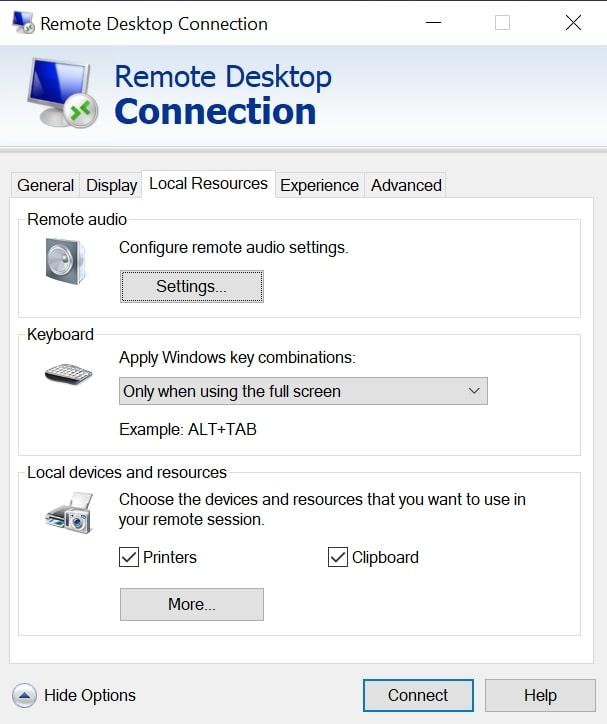 remote desktop connection local resources settings