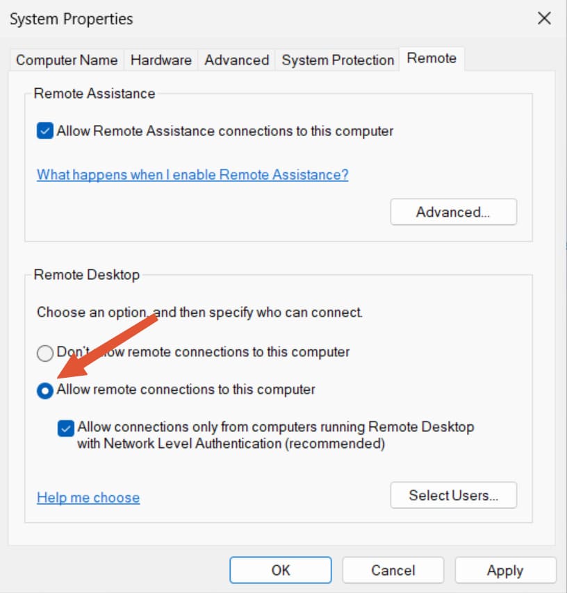 allow remote connections to this computer