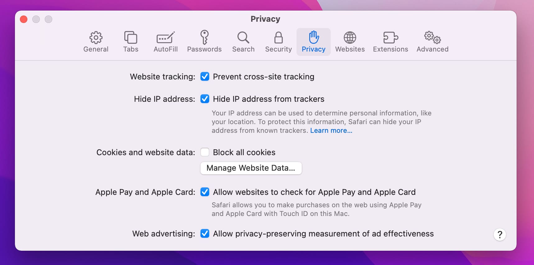 Safari Privacy settings