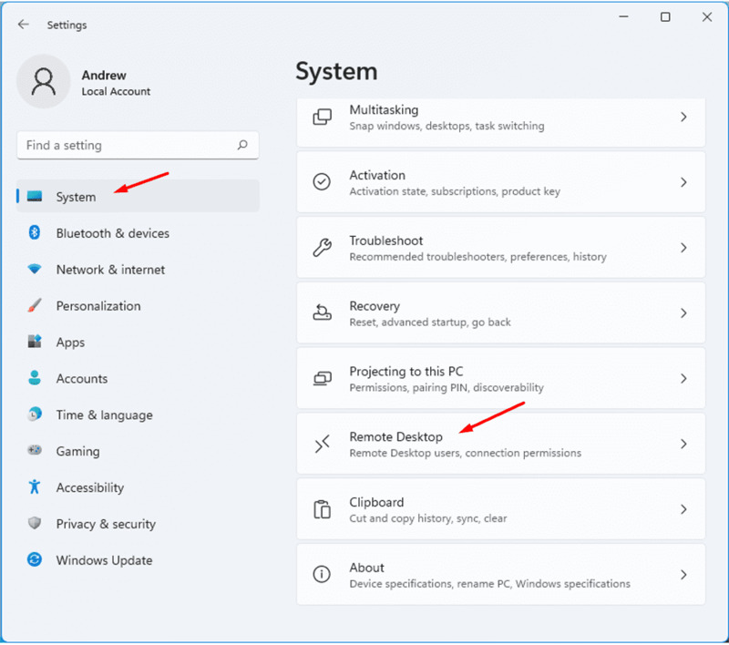 remote desktop settings windows 11