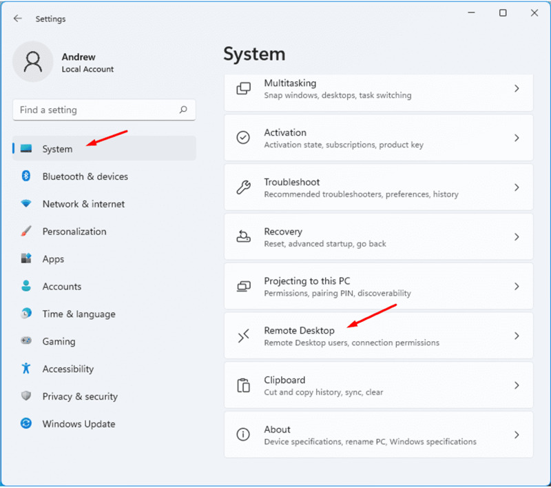 configuración de escritorio remoto en Windows 11