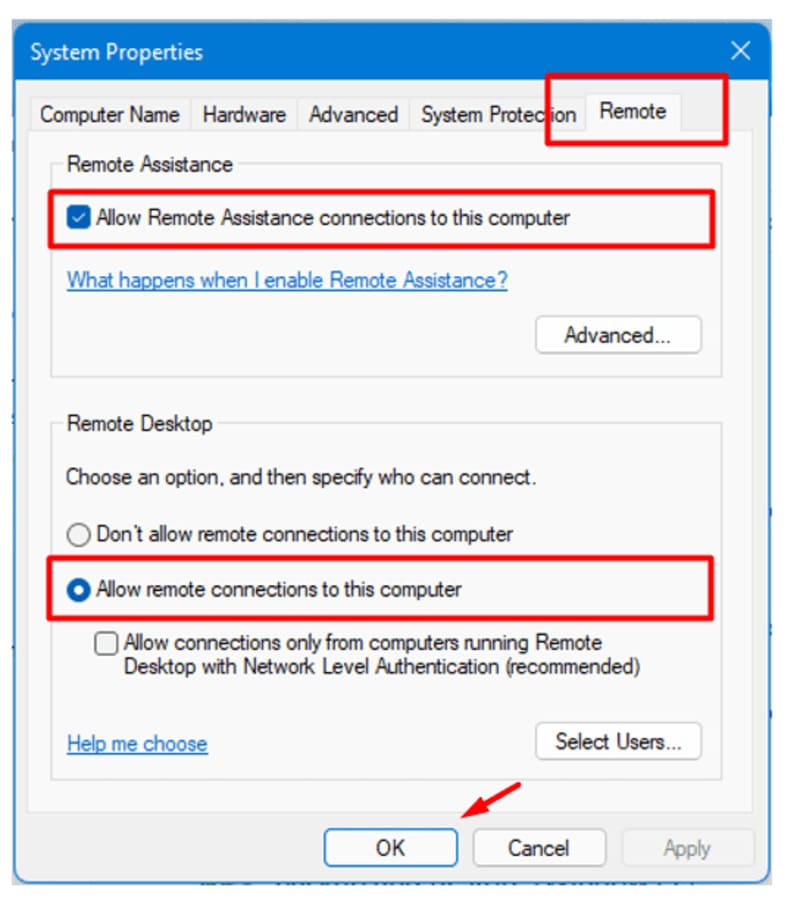 allow remote connections to this computer system properties
