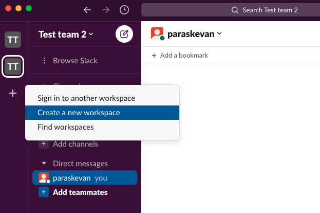 Create a new workspace in Slack