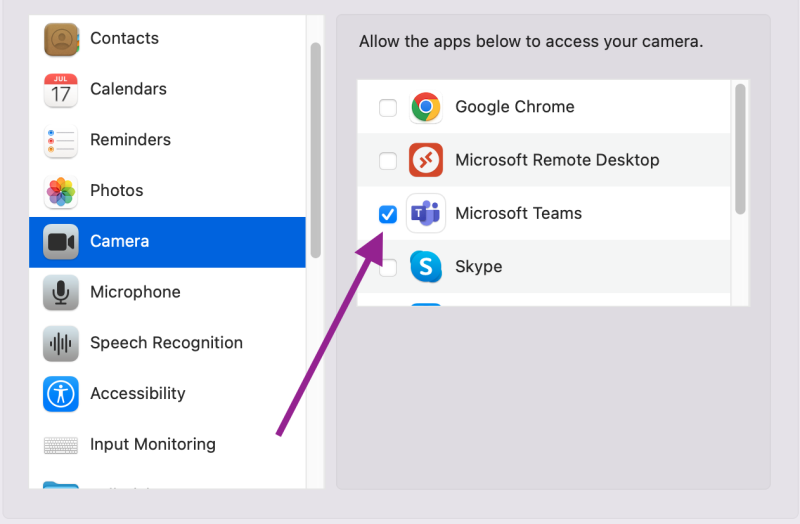 allow camera access to Microsoft Teams