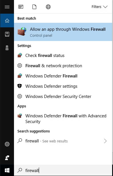 Allow an app through Windows Firewall option