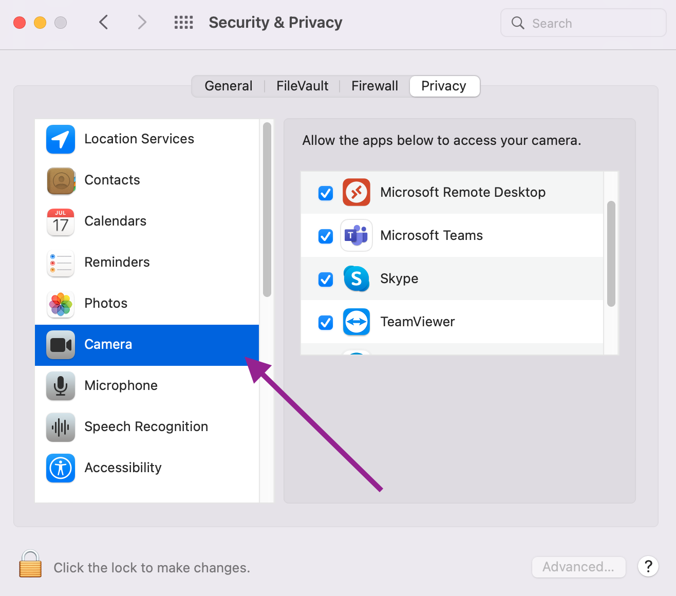 camera access to MS Teams