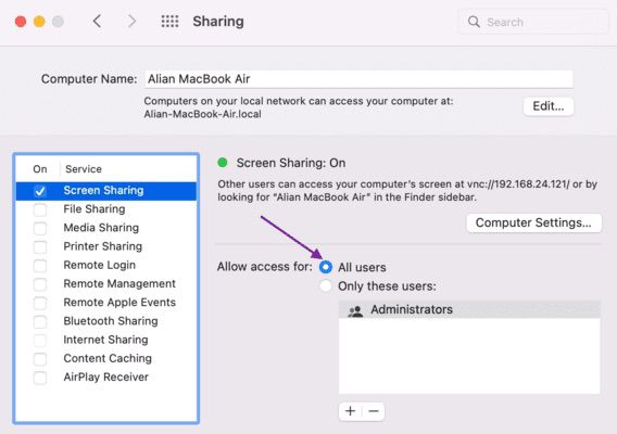 Screen sharing settings on Mac