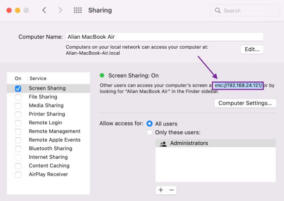 Mac’s IP address for screen sharing