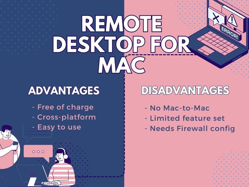 Key advantages of Mac RDP client are ease of use and zero cost, and disadvantages are fiddly setup, limited features, and no mac-to-mac connectivity