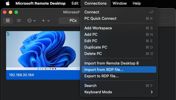 By clicking Connections, you’ll invoke a drop-down menu where you need to choose the Import from RDP file line
