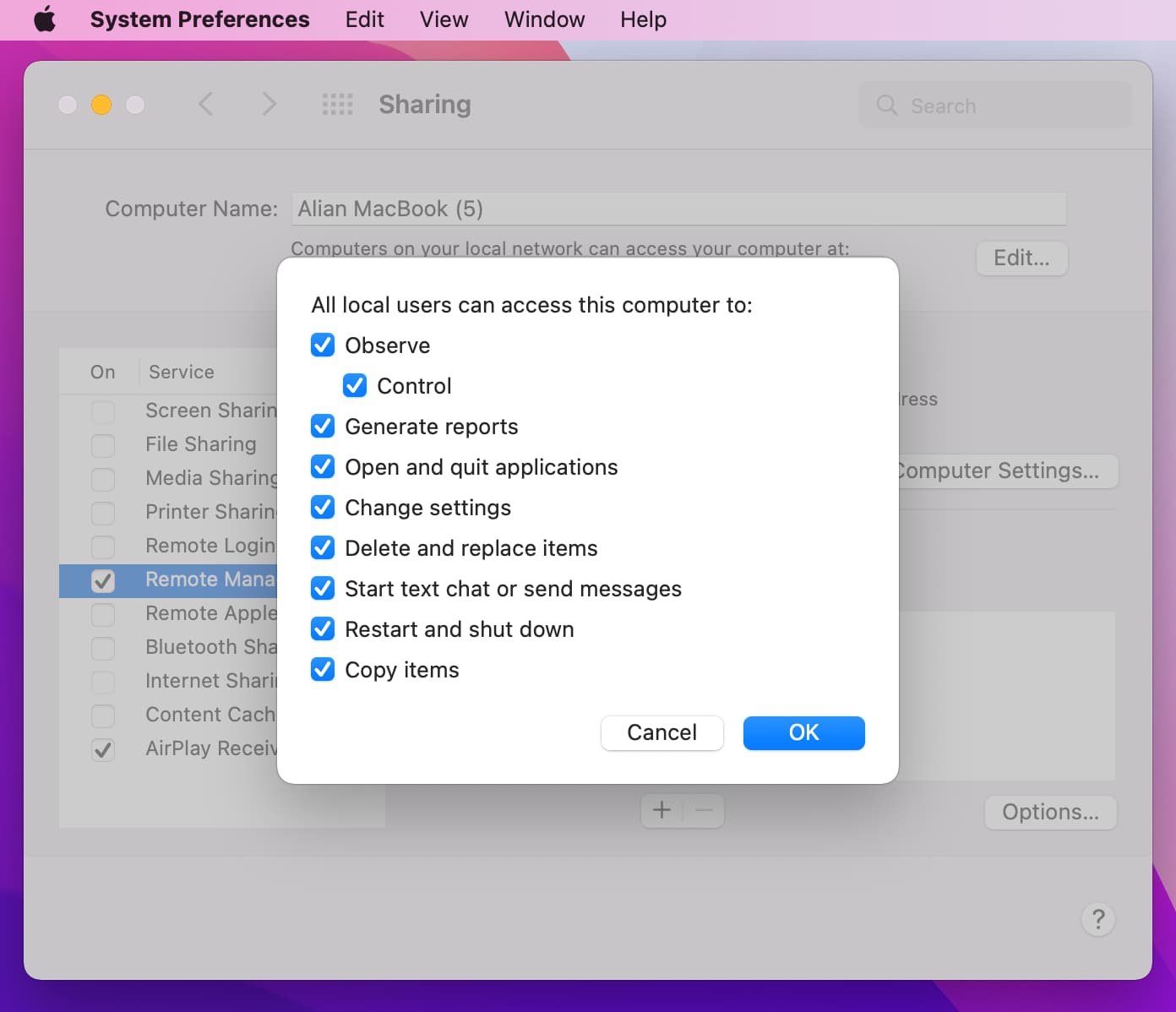 Screenshot showing System Preferences with ticked Remote Management box and a pop-up window with user permissions options