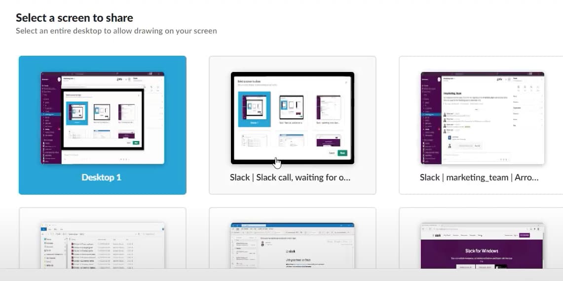 Choose a screen to share on Slack