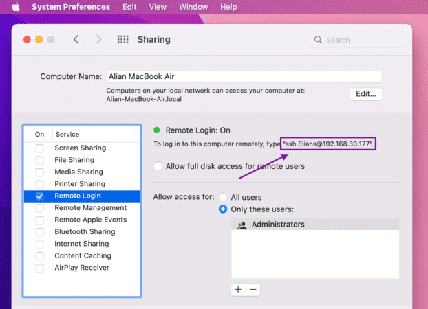 The command can be found after the “To log in to this computer remotely type” caption below the “Remote Login: On” indicator