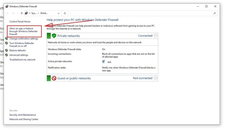 Allow an app or feature through Windows Defender Firewall