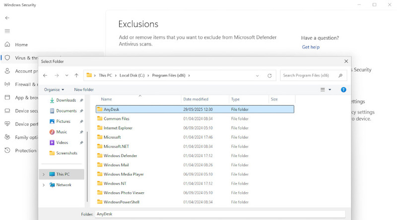 Sélection du dossier AnyDesk